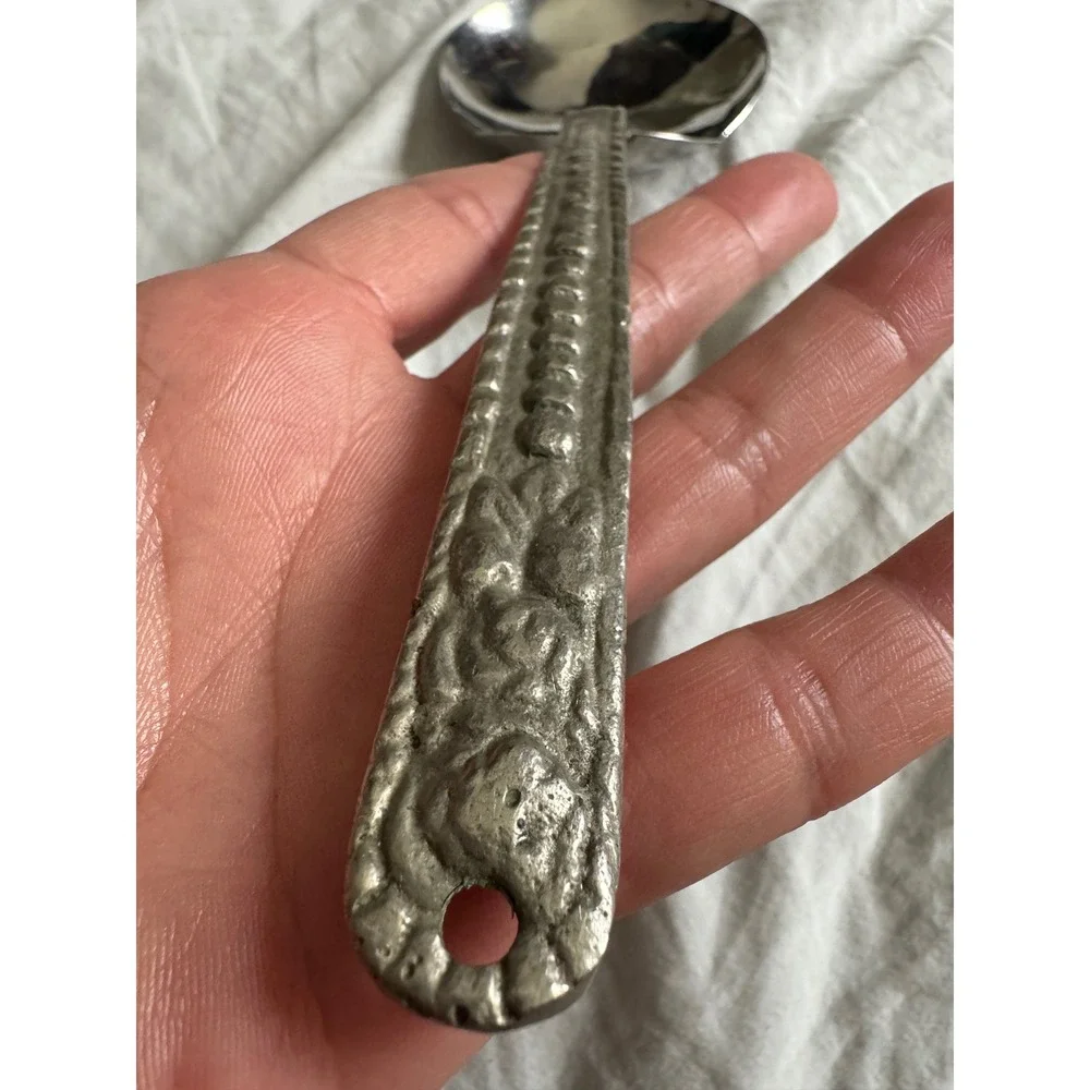Vintage Antique Ladle Spoon Silver Hand Forged Repousse Floral Berry Mixed Metal